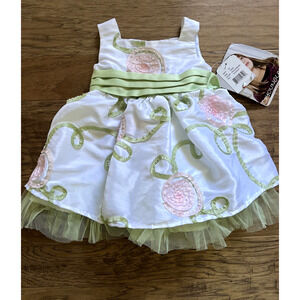 YOUNGLAND Sleeveless Special Occasion White Pink Floral Tulle Dress SZ 12 months